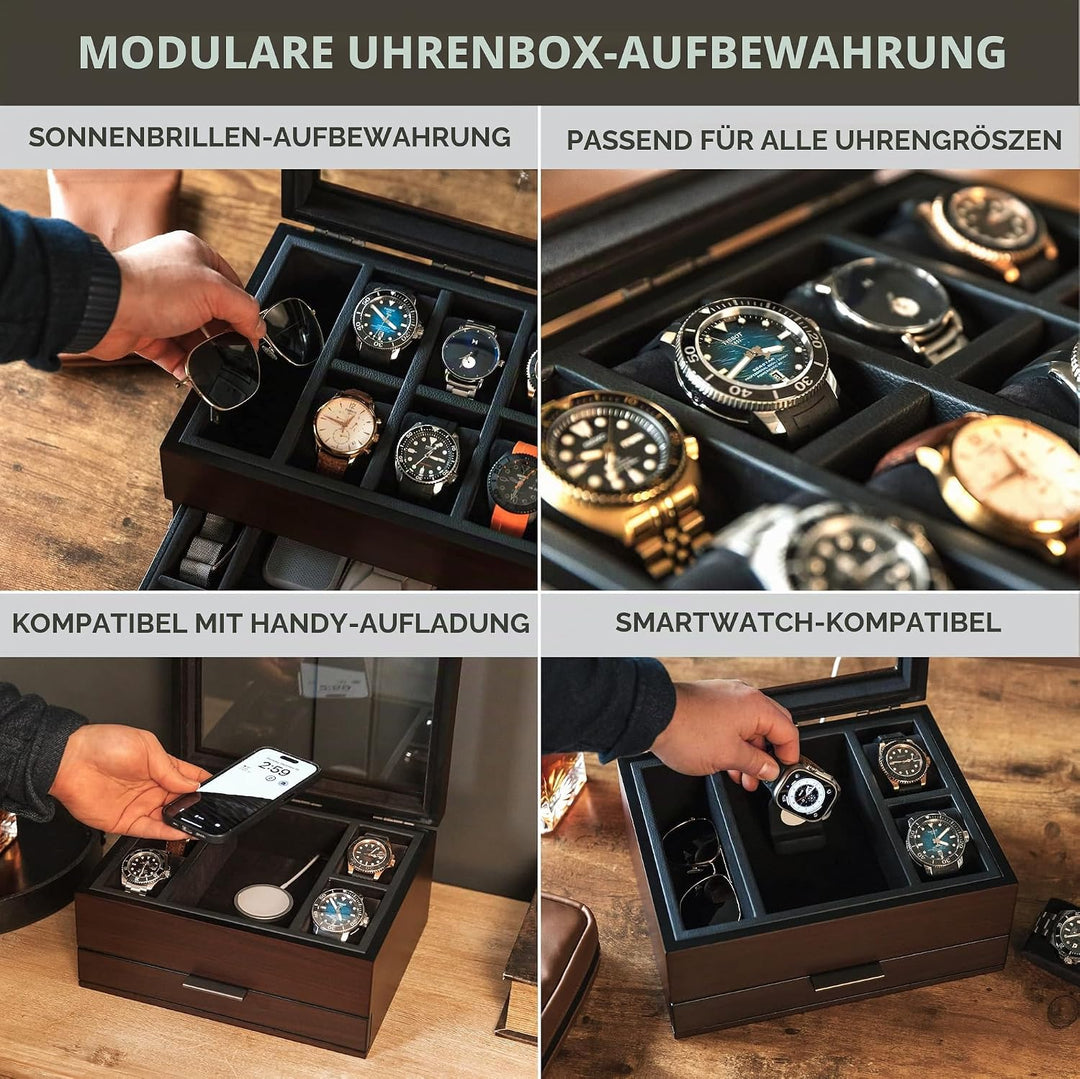 CASE ELEGANCE Uhrenbox mit 8 Fächern für Herren, Kirschholz-Walnuss-Finish, Uhrenvitrine, modulares