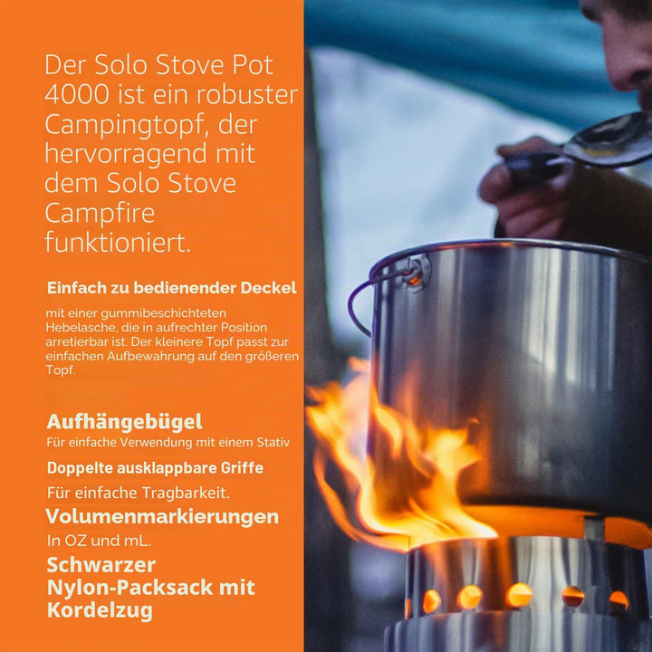 Solo Stove Camping Kochtopf 4000 ml | Inkl. Tragetasche, Markierungen für oz und ml, Ausgiesser und