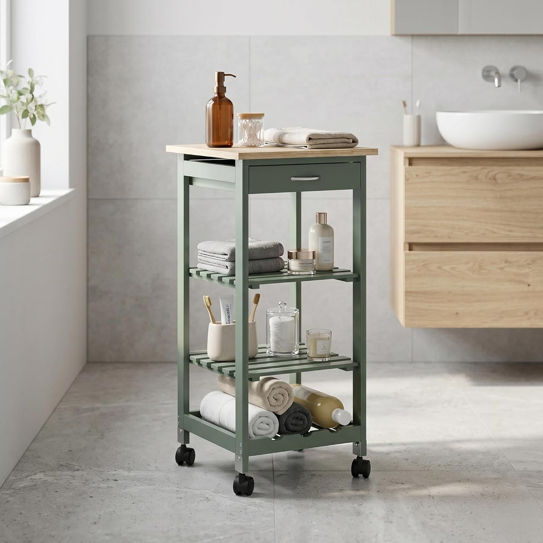 [en.casa] Servierwagen Biel Grün/Holzfarben 76 x 37 x 37 cm Küchenwagen Aufbewahrungsregal mit Rolle