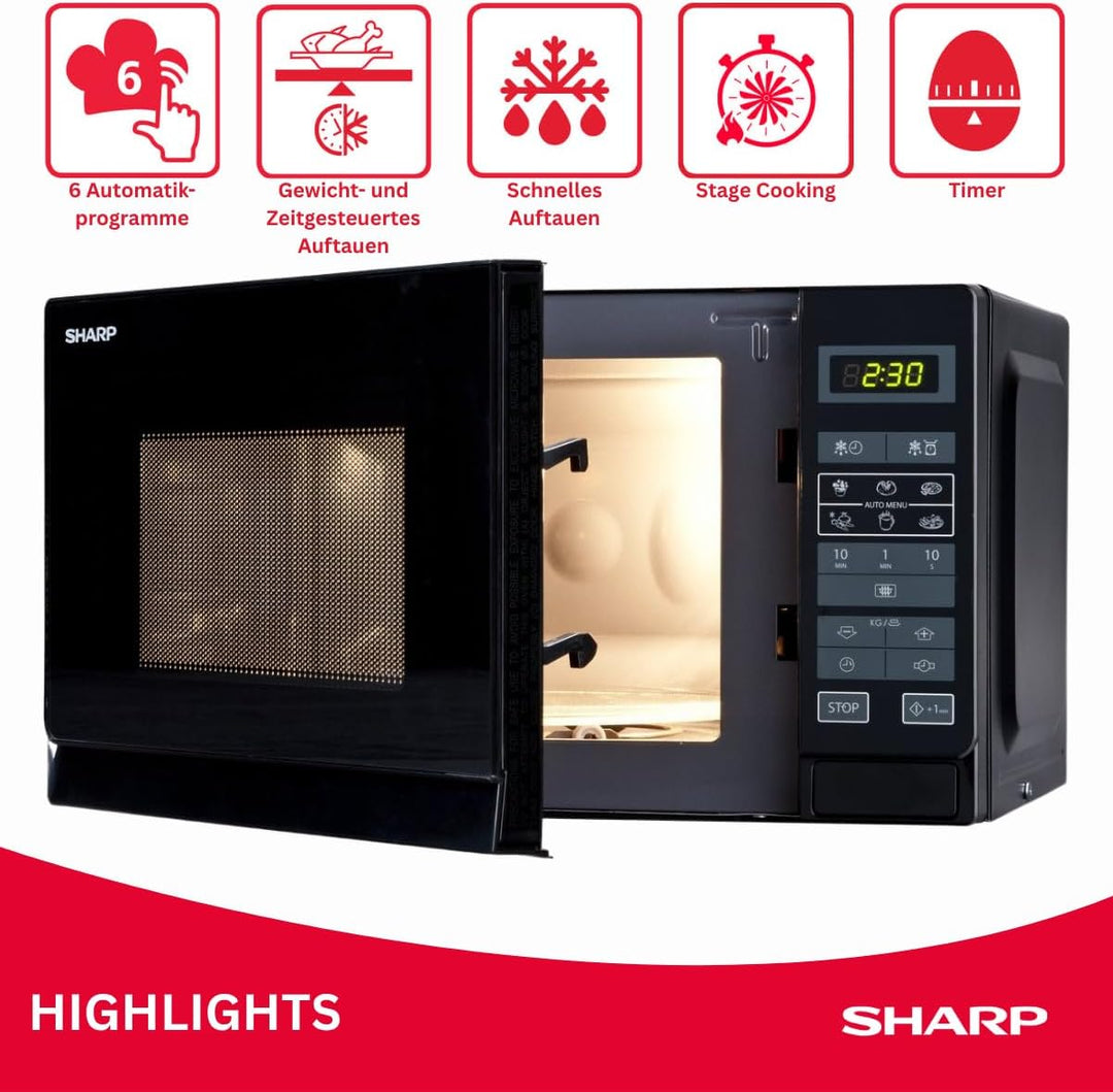 Sharp R242BKW Solo-Mikrowelle / 20 L / 800 W / 5 Leistungsstufen / 8 Automatikprogramme / Gewicht un