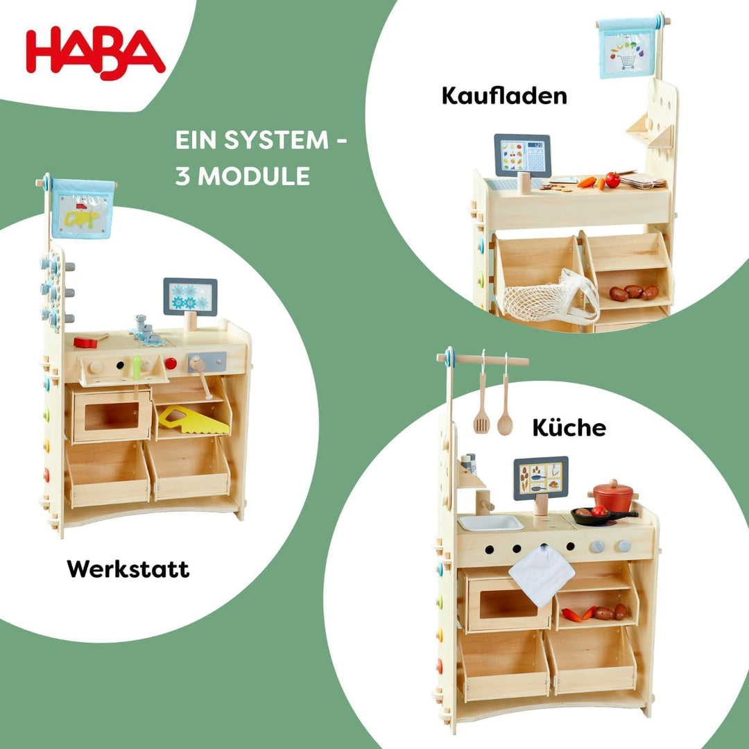 HABA Creative Play 3 in 1 - Spielküche, Kaufladen & Werkstatt für Kinder ab 3 Jahren - Werkzeugloser
