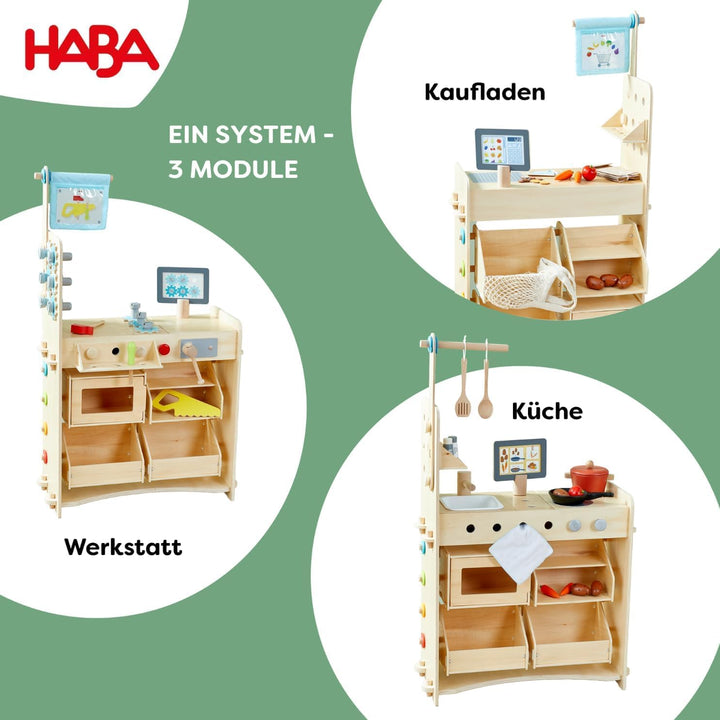 HABA Creative Play 3 in 1 - Spielküche, Kaufladen & Werkstatt für Kinder ab 3 Jahren - Werkzeugloser
