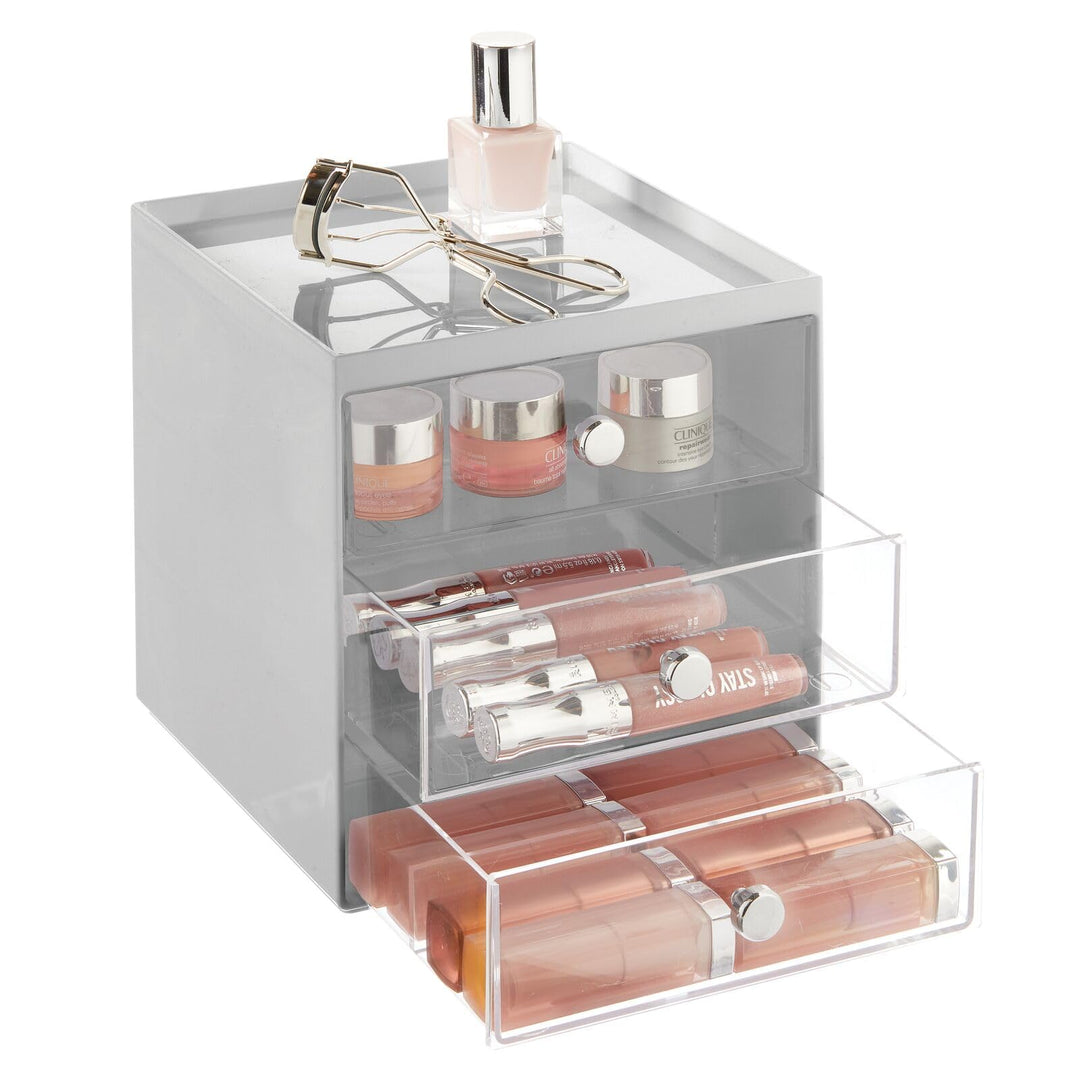 mDesign Make-up Organizer – stapelbare Aufbewahrungsbox mit 3 Schubladen für Mascara, Puder, Nagella