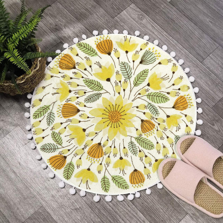 Uphome Runder Teppich, 51 cm, niedlicher Badteppich mit Pompons, Fransen, Blumenmuster, waschbar, Ba