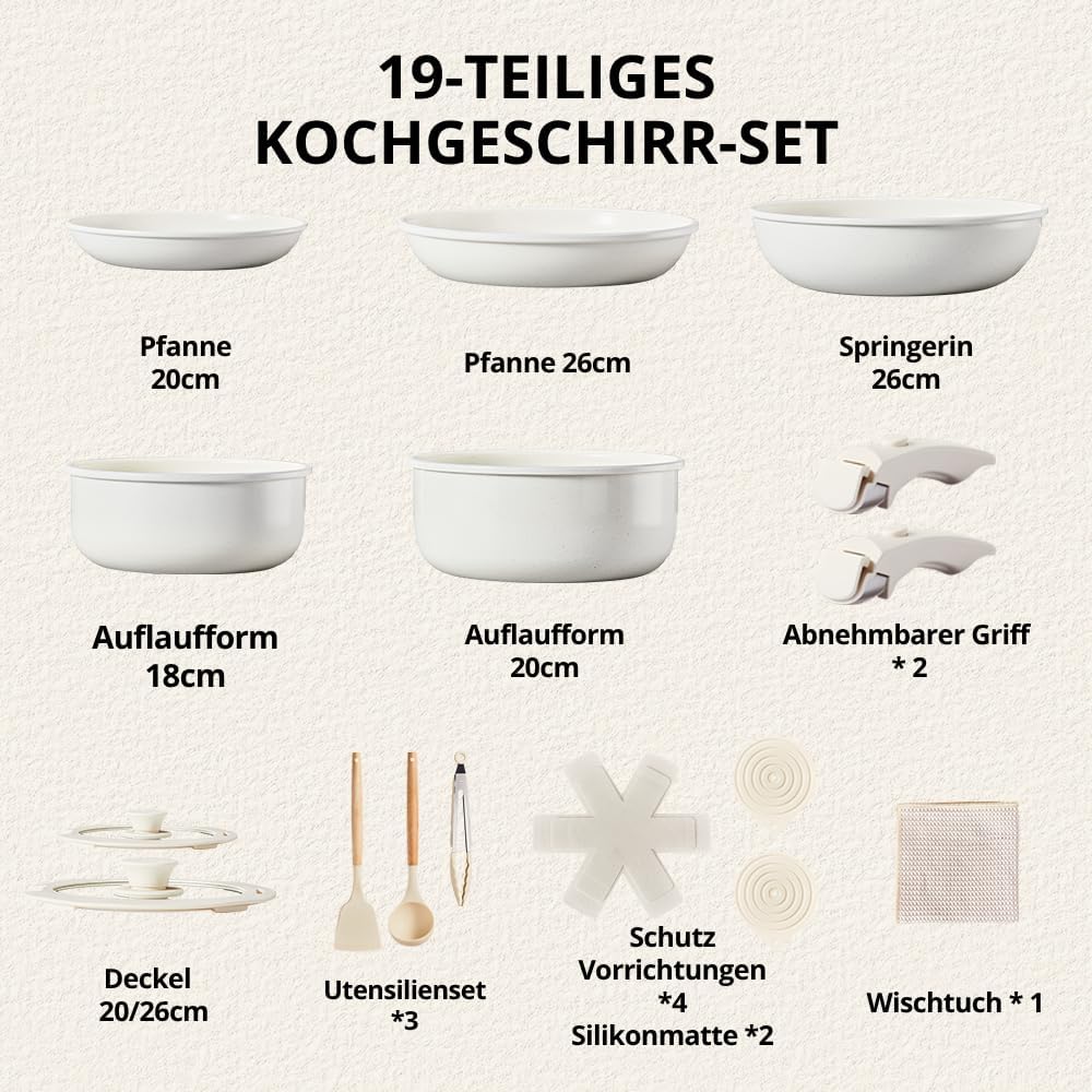 LEADZM Keramik Topfset Induktion，Pfannenset，Kochtopf Set mit Deckel，Induktions Töpfe Set，19-Teilig，A