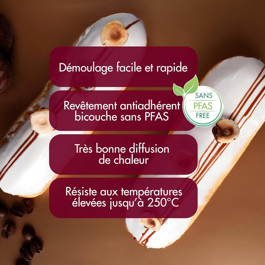 GOBEL - Platte für 8 Eclairs - Antihaftbeschichtung - 315 x 228 mm - Hergestellt in Frankreich - Pro
