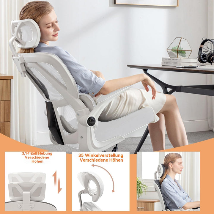 Ergonomischer Bürostuhl - Weiss | Höhenverstellbarer Schreibtischstuhl mit Hochrücken,Mesh und Lende