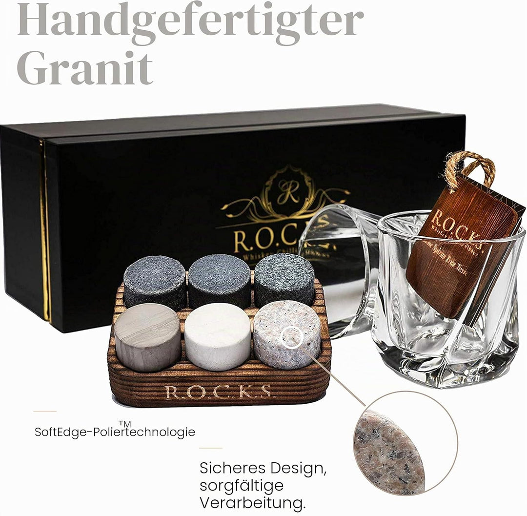 Whiskey Steine Geschenkset - 6 Handgefertigte Premium-Granitsteine, 2 aussergewöhnliche Kristallgläs