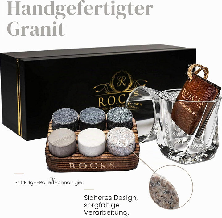 Whiskey Steine Geschenkset - 6 Handgefertigte Premium-Granitsteine, 2 aussergewöhnliche Kristallgläs