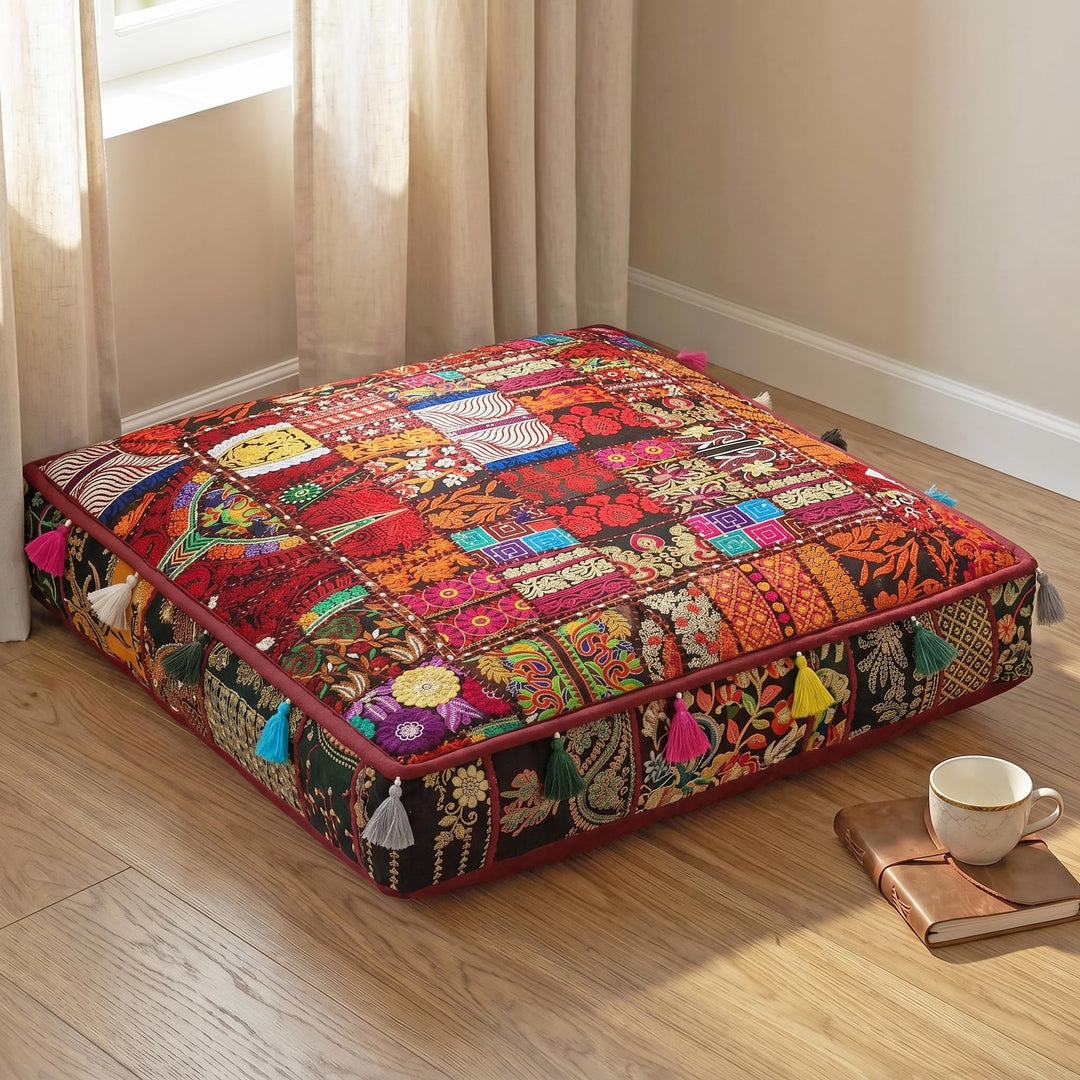 THE ART BOX 88 x 88 x 12 cm, Vintage-Patchwork, grosses Outdoor-Kissen, grosses Hundebett, Gartendek