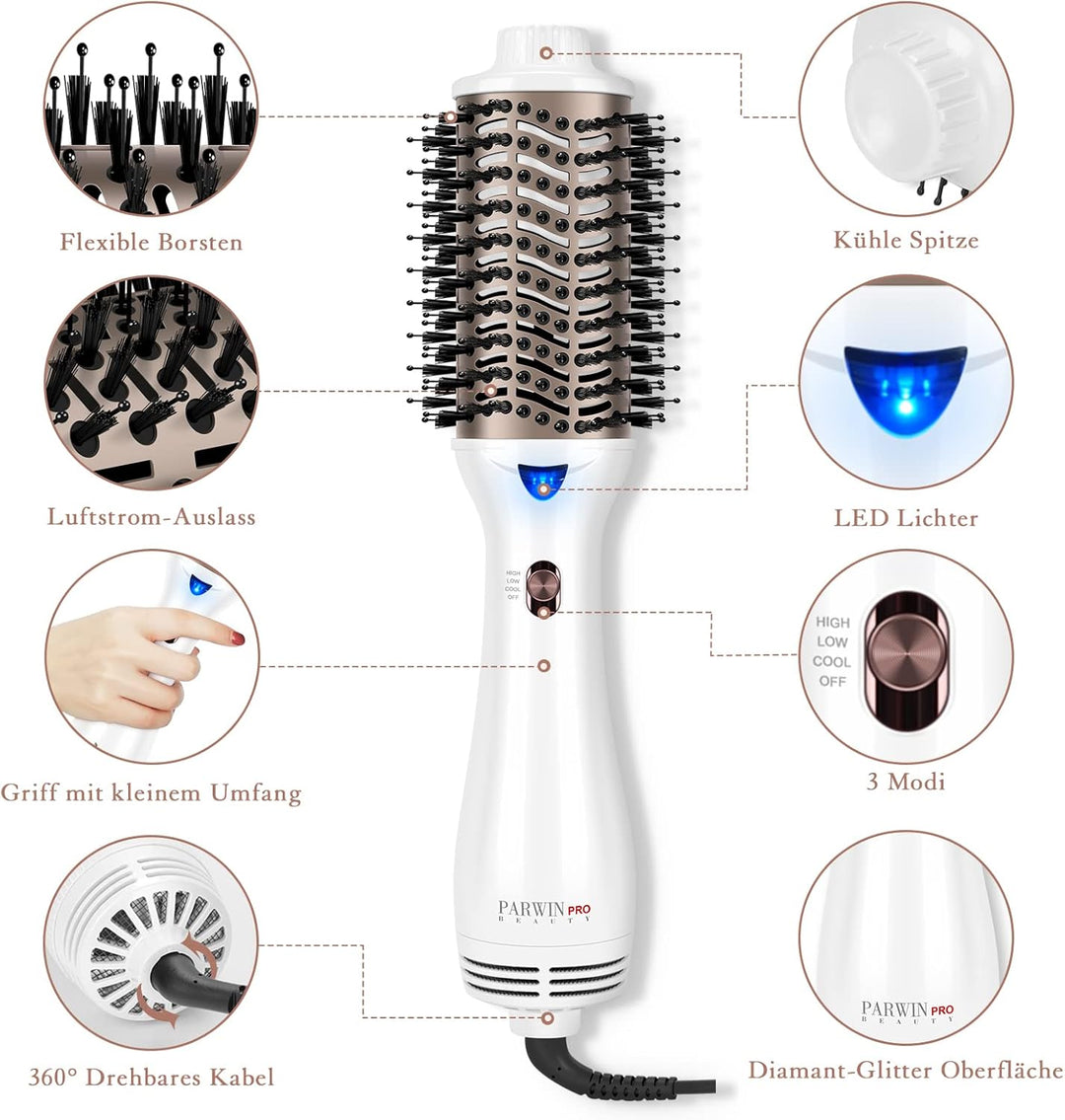 One-Step Warmluftbürste, PARWIN PRO BEAUTY Haartrockner und Volumenbürste, 4 in 1 Ovale Föhnbürste,