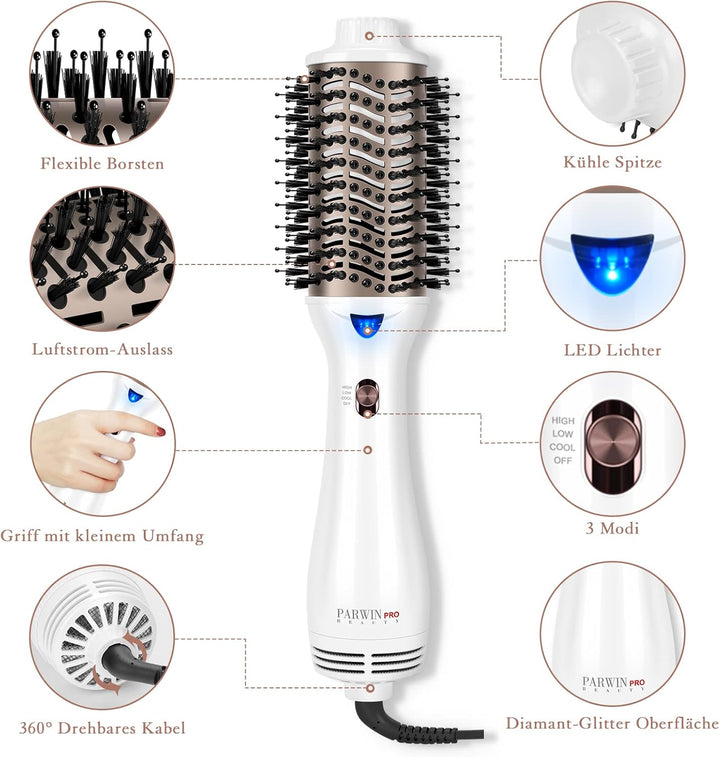 One-Step Warmluftbürste, PARWIN PRO BEAUTY Haartrockner und Volumenbürste, 4 in 1 Ovale Föhnbürste,