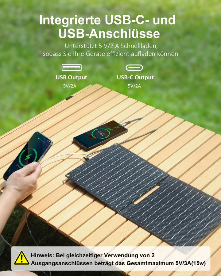 ELECAENTA 15W Faltbar Solar Ladegerät 2-Port USB (USB-A/USB-C) Ultraleichtes IP68 Wasserdichtes Trag