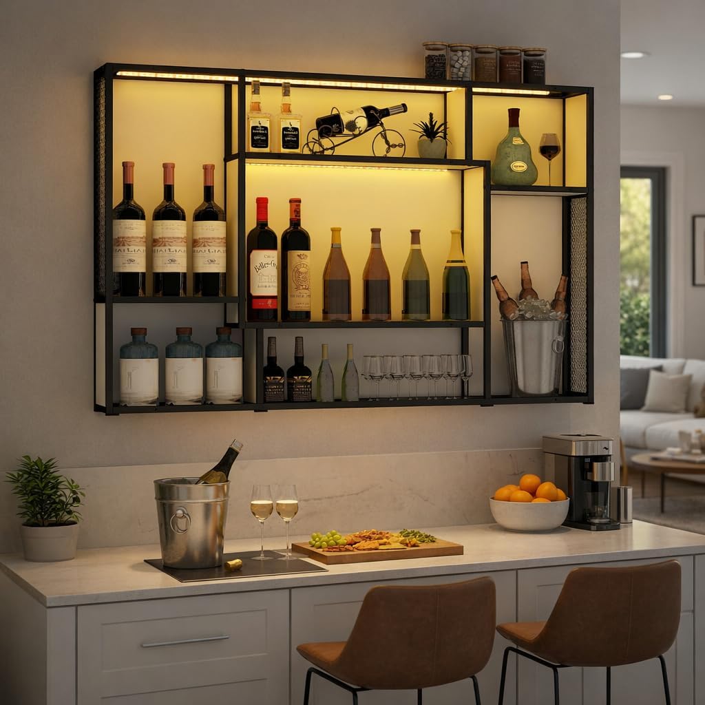 YOURLITE Weinregal Wand,Moderne Metall Bar Regale,mit LED-Licht,Holz,Weiss | Weinregale Display Rack