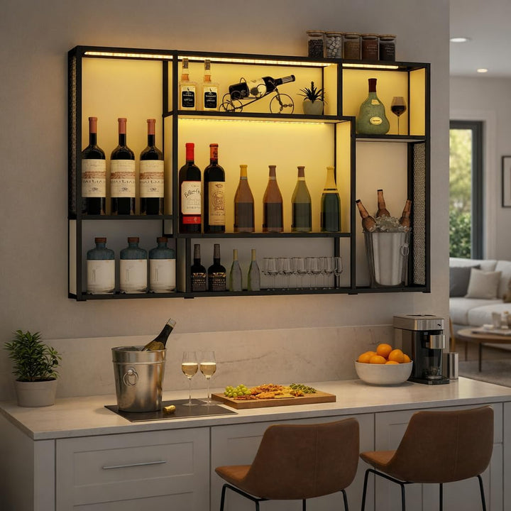 YOURLITE Weinregal Wand,Moderne Metall Bar Regale,mit LED-Licht,Holz,Weiss | Weinregale Display Rack