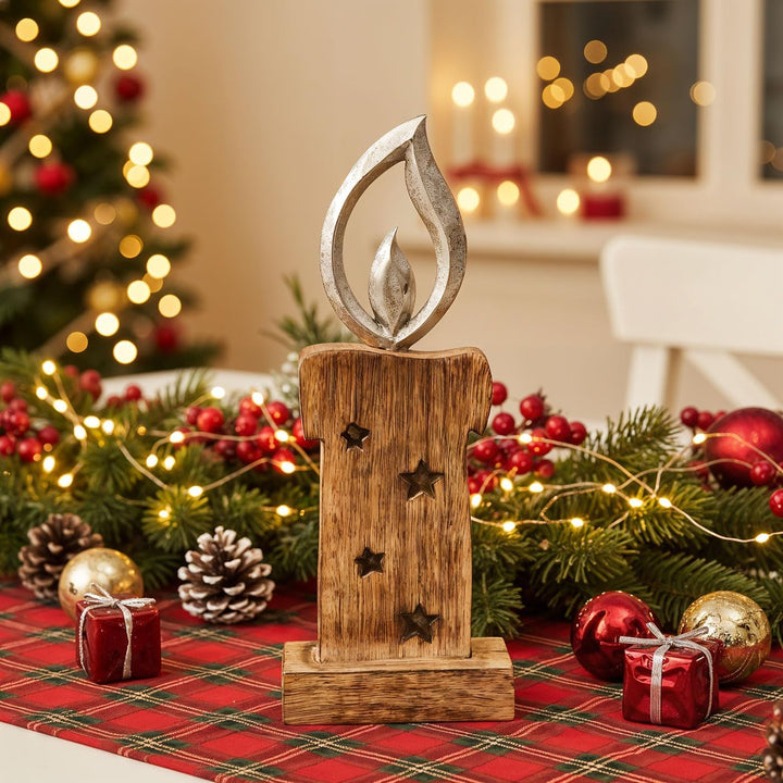 levandeo Weihnachtsdeko Kerze Mangoholz H27cm Deko Aufsteller Holz Braun Metall Silber Weihnachten T