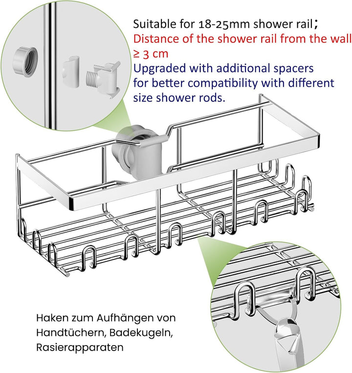 HouseUp Duschablage Ohne Bohren - 2 Stück Duschstangen-aufbewahrungsregal Edelstahl für 18 mm-25 mm