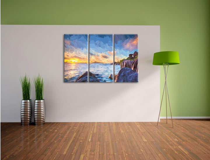 Pixxprint Sonnenuntergang Seychellen Kunst / 3-Teilig/Gesamtmass 120cm Leinwandbild bespannt auf Hol