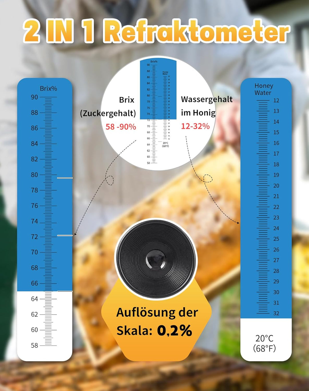 LAOYE Refraktometer Honig 2 in 1 Imker Refraktometer 12-32% Wassergehalt Honig 58-90% Brix Refraktom