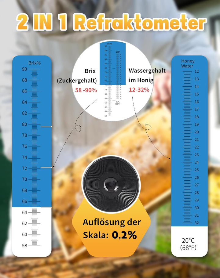 LAOYE Refraktometer Honig 2 in 1 Imker Refraktometer 12-32% Wassergehalt Honig 58-90% Brix Refraktom