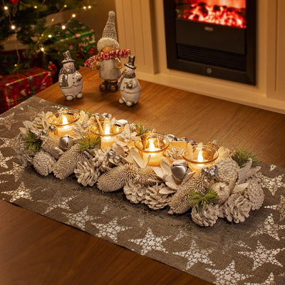 COM-FOUR® Adventskranz länglich, Kerzenständer Weihnachten für 4 Kerzen, Kerzenhalter, Adventsgestec
