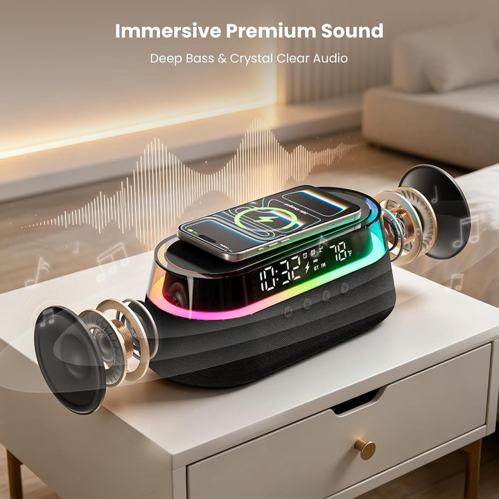 Bluetooth Lautsprecher FM Radio mit Zwei Smart Wecker mit Fernbedienung Schwarz, Schwarz