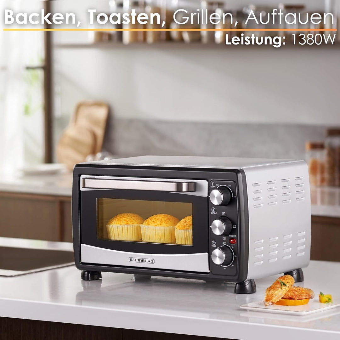 Mini Backofen 20 Liter | Pizza-Ofen | Minibackofen | 3in1 Backofen mit Umluft | herausnehmbares Krüm