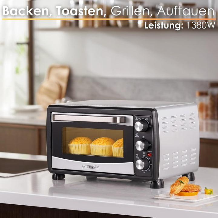 Mini Backofen 20 Liter | Pizza-Ofen | Minibackofen | 3in1 Backofen mit Umluft | herausnehmbares Krüm