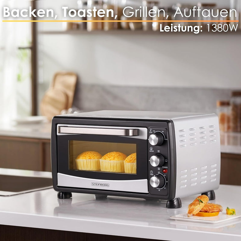 Mini Backofen 20 Liter | Pizza-Ofen | Minibackofen | 3in1 Backofen mit Umluft | herausnehmbares Krüm