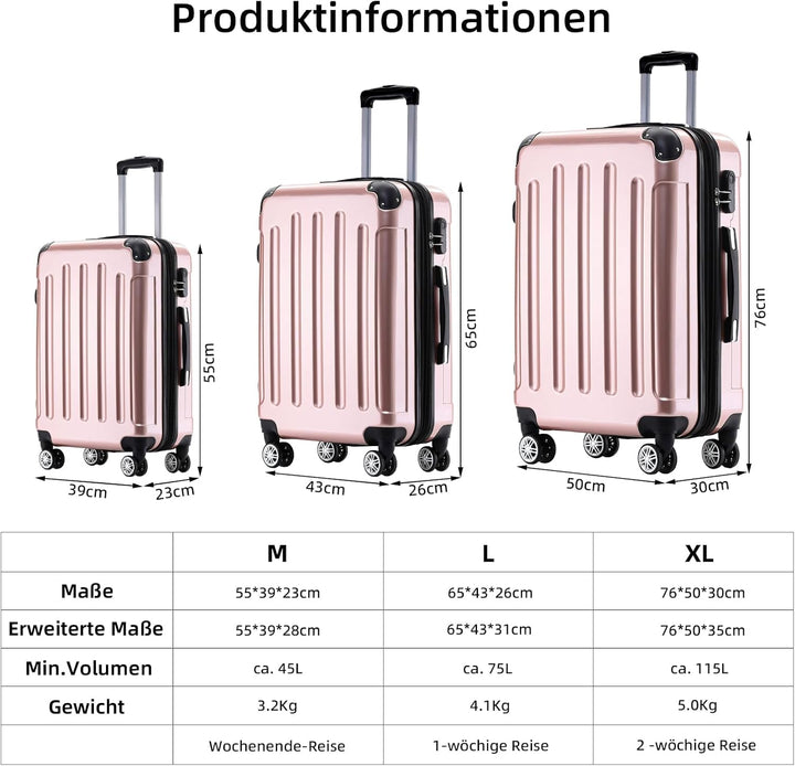 BEIBYE Hartschalen Koffer Trolley Rollkoffer Reisekoffer 4 Zwillingsrollen Polycabonat (Rosa Gold, H