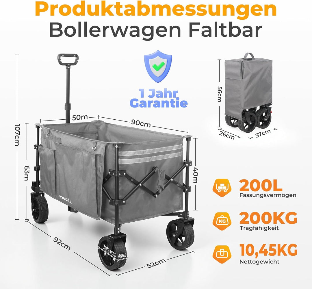 Bollerwagen Faltbar 200L 200KG Belastbar, Strandwagen Klappbar mit Regenschutz, Reflektorstreifen, B