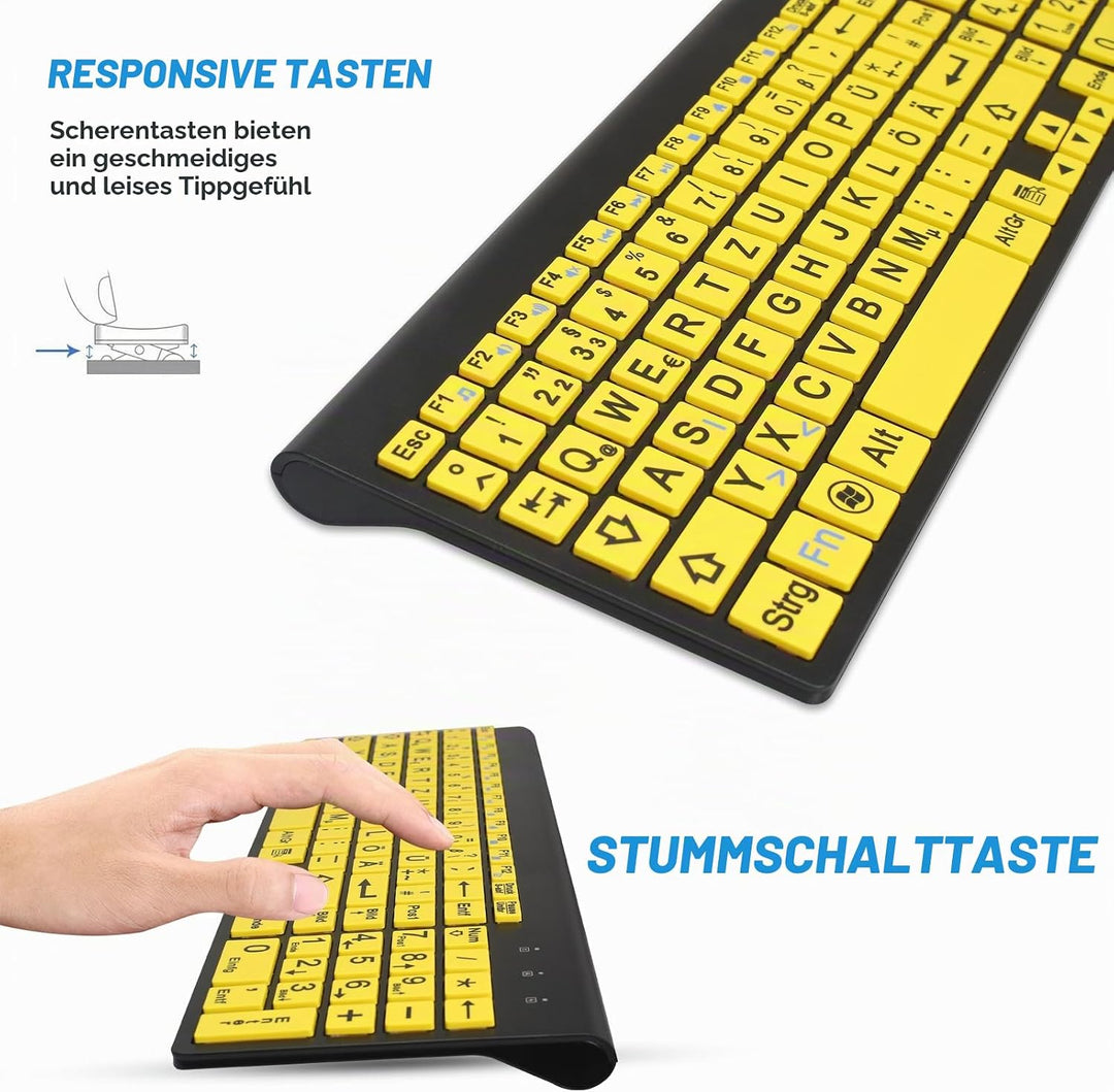 Kabellose Tastatur und Maus Set mit Grossen Buchstaben (Deutsches QWERTZ) für Senioren &amp; Sehbehinder