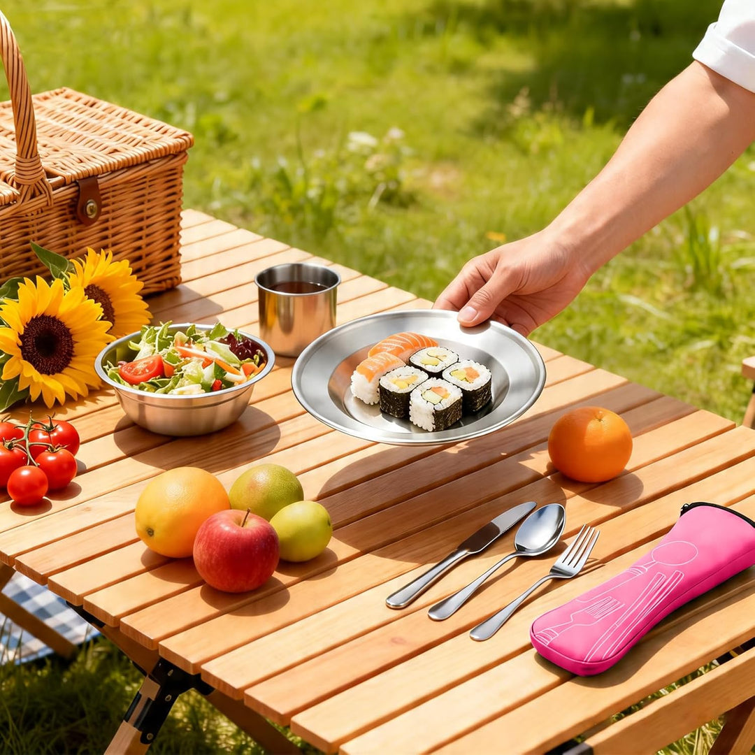 Campingbesteck Set 1 Person, Camping Geschirr Set Edelstahl mit Schalen Teller Tassen Gabeln Löffel