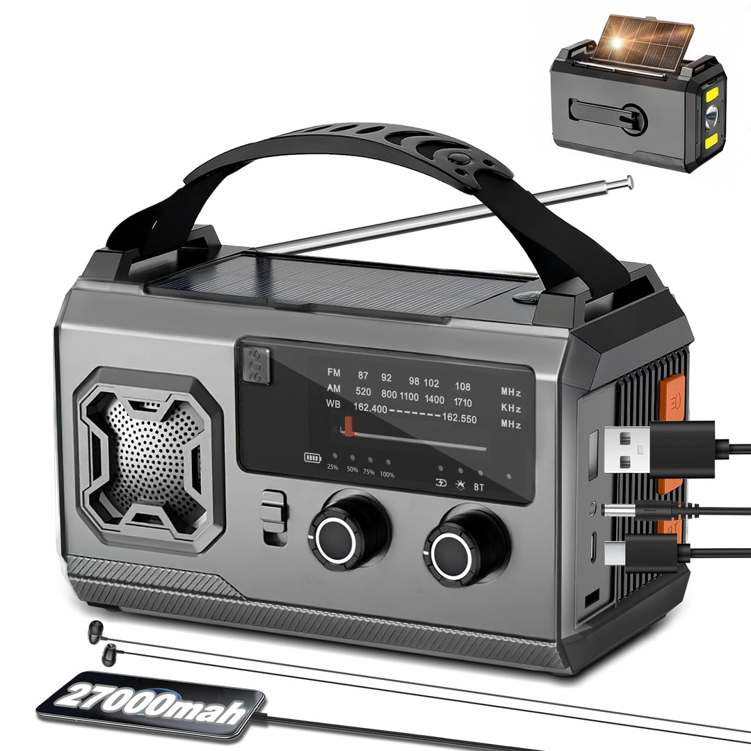 27000mAh Kurbelradio Notfallradio mit Solar & Powerbank: AM/FM Solarradio, Handkurbel, SOS, Taschenl