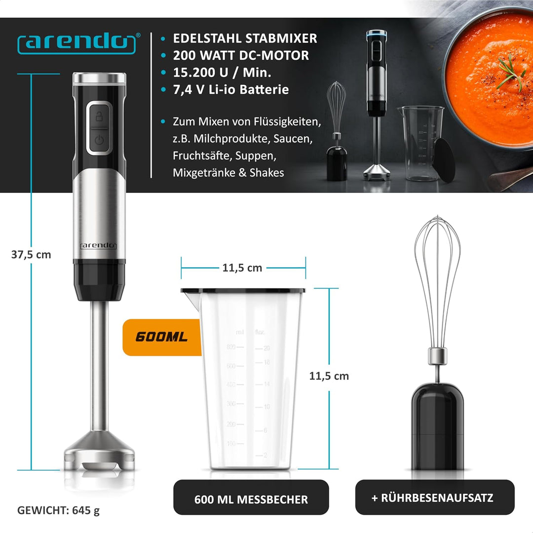 Arendo - Stabmixer kabellos - 200 Watt – mit Akku - Edelstahl Handmixer – Pürierstab – Schneebesen –
