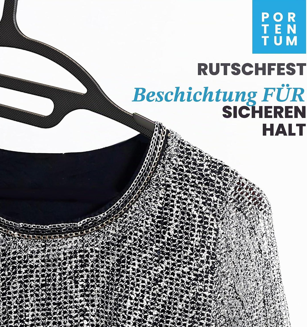 PORTENTUM Kleiderbügel aus Recyceltem Kunststoff, 50 Stück, Schwarz. Für Leichte Kleidung, Nicht zu