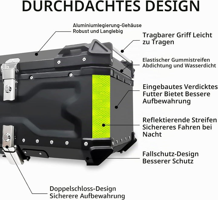 VOKKA Topcase Motorrad, 65L Aluminiumlegierung Topcase für Roller, Wasserdicht, Staubdicht und Diebs