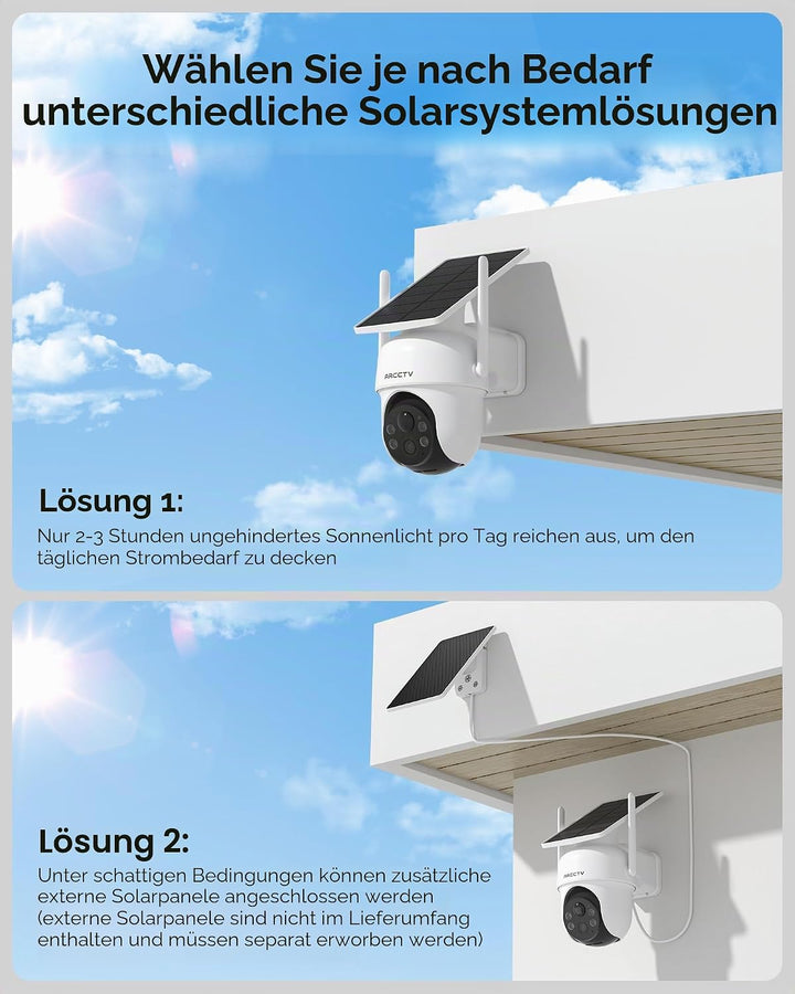 4MP Aussenüberwachungskamera, integriertes Solarpanel, 100 % kabellos für den Aussenbereich, 360°-Dr