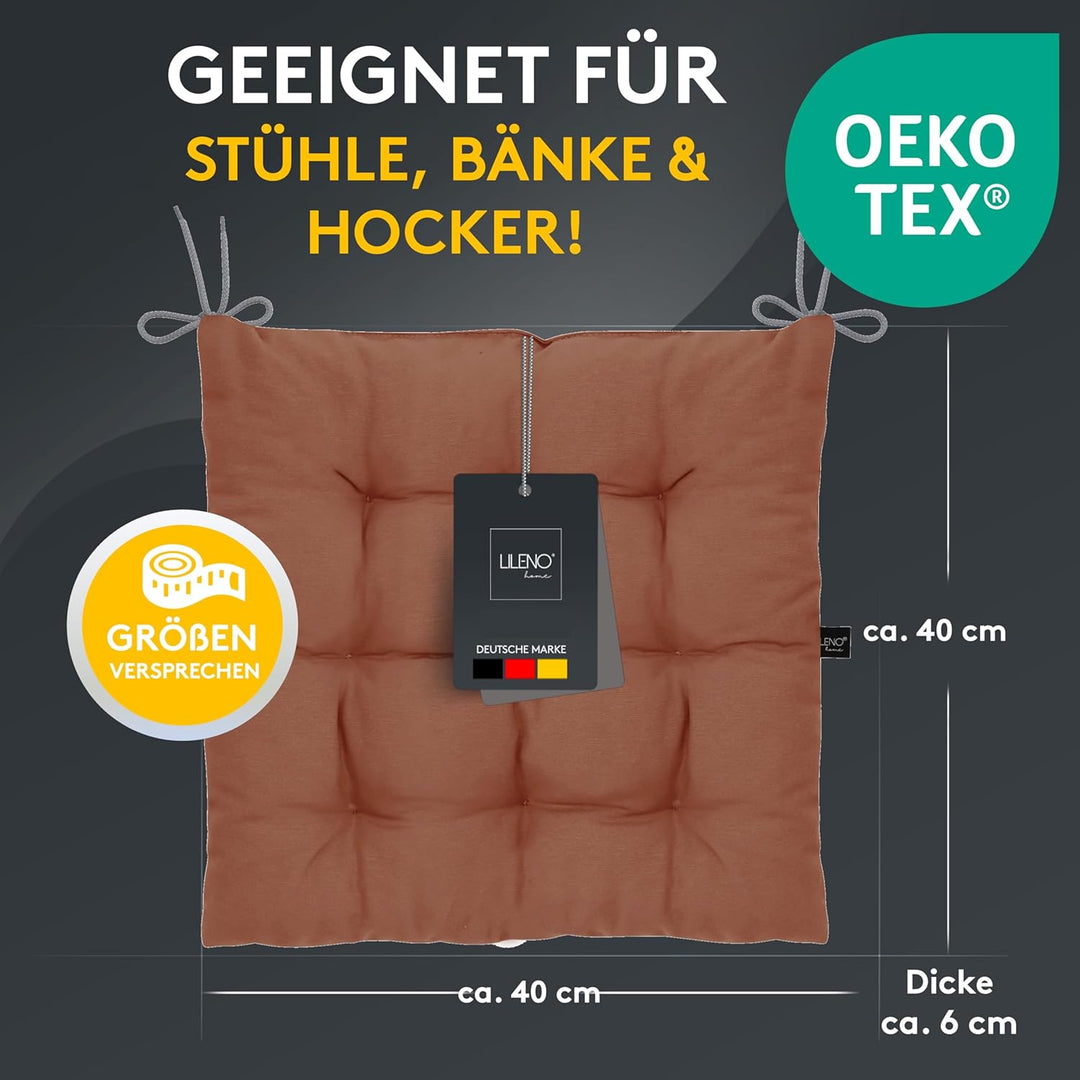 LILENO HOME 6er Set Stuhlkissen 09 Braun (40x40x6 cm) - Sitzkissen für Garten, Küche oder Esszimmer