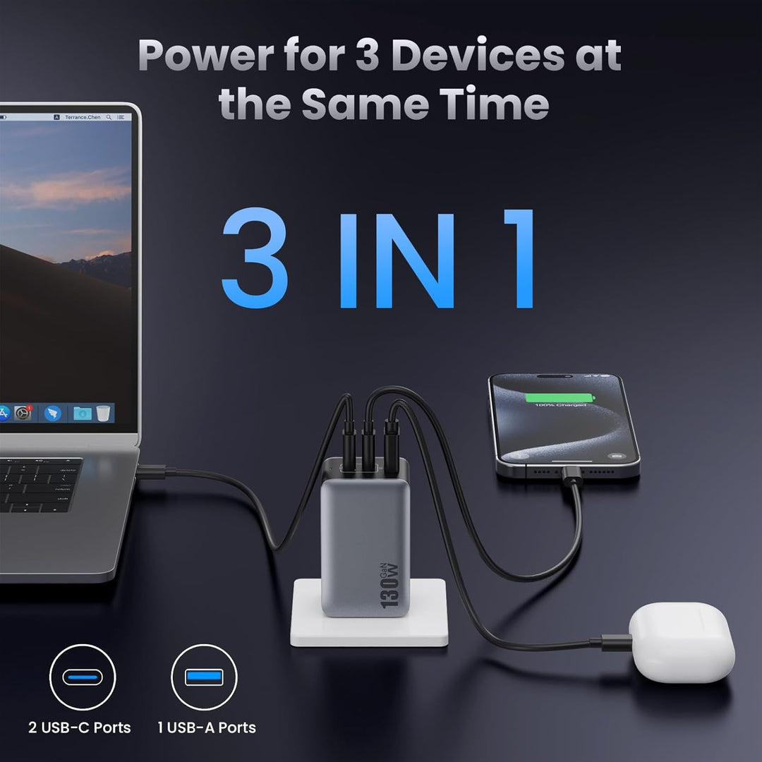 130W USB C Ladegerät, 3-Port GaN IV USB C Netzteil Laptop Ladegerät, 65W PD/PPS/QC Schnellladegerät