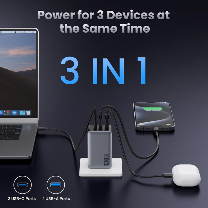 130W USB C Ladegerät, 3-Port GaN IV USB C Netzteil Laptop Ladegerät, 65W PD/PPS/QC Schnellladegerät