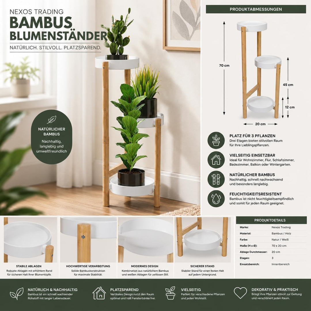 Blumenständer Bambus 3 Etagen Pflanzenregal 70cm hoch 20cm Ablagen