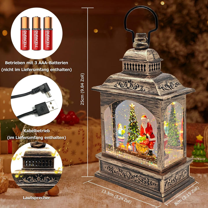 Marsyu Weihnachts Schneekugel Laterne mit Zeitschaltuhr, Beleuchtete USB/batteriebetriebene Wirbelnd