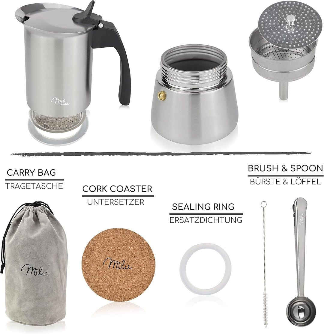 Milu Espressokocher Induktion geeignet | 2, 4, 6, 9 Tassen | Edelstahl Mokkakanne, Espressokanne, Es