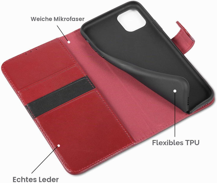 LENSUN Echtleder Hülle für iPhone 11 Pro Max, Handyhülle [Echtes Leder][Kartenfach][RFID Schutz] Han