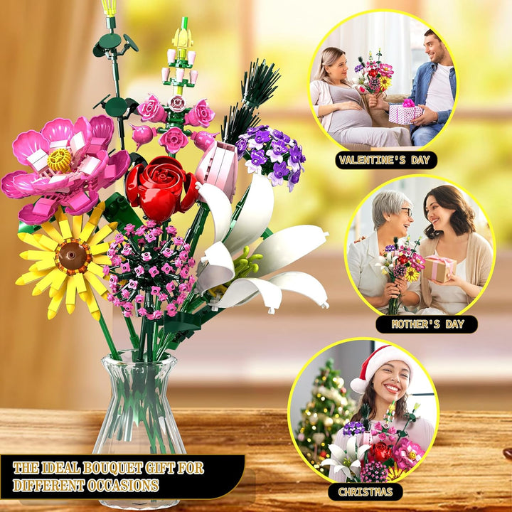Flower Clusters Blumenstrauss-Bausatz-Set, 721 Teile Ewiger Strauss mit Pfingstrose, Rose, Sonnenblu