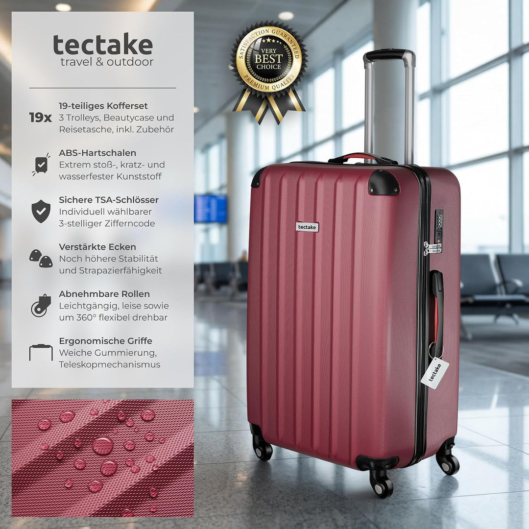 TecTake® Hartschalenkoffer-Set, 19-teilig, ABS-Hartschale, mit TSA-Schloss, 360° Rollen, Packwürfels