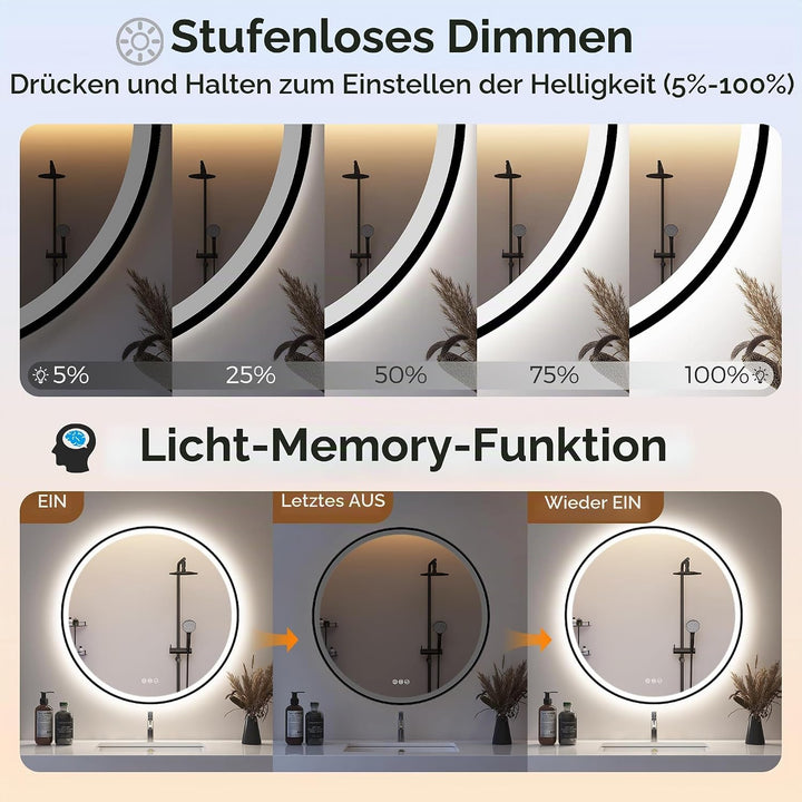 STARLEAD Badspiegel-Rund-mit-Beleuchtung 90cm Diameter, LED-Spiegel-Rund mit Bluetooth, Dimmbar, 3 L