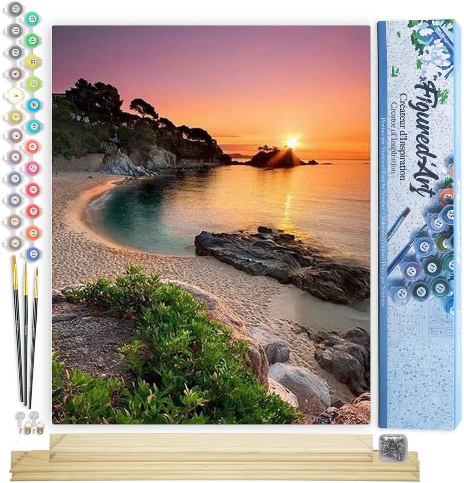 Figured'Art Malen Nach Zahlen Erwachsene Mit Rahmen Sonnenuntergang am Strand 2 - Paint by Numbers B