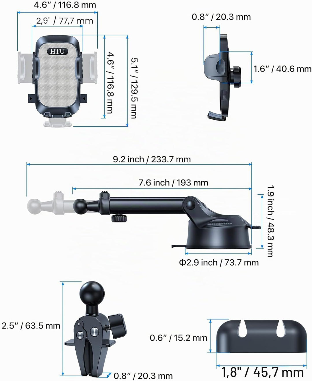 HTU 【Militär-Klasse】 4 in 1 Handyhalterung Auto【Tärkst Saugnapf &amp; Clip】 Federungskapazität 36KG 360°